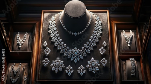 Exquisite Diamond Jewelry Set Necklaces Earrings Bracelet Displayed in Elegant Wooden Cases