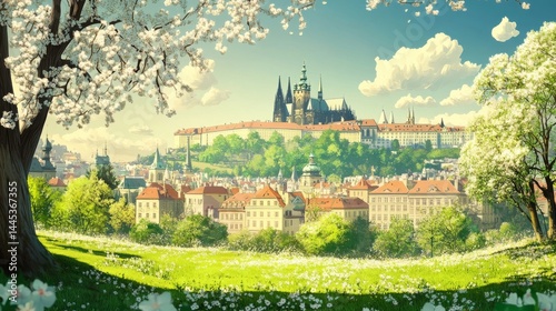 Spring in Prague: Gothic castle, green nature.