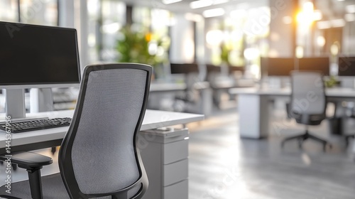 Empty office desk with vacant chairs and monitors, symbolizing layoffs and workplace downsizing. Concept of job loss, corporate restructuring, and economic uncertainty in modern business environment