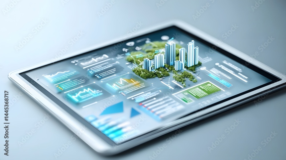 Innovative tablet displaying smart city analytics and digital landscapes, showcasing modern technology and urban planning. Innovative tablet displaying smart city analytics and digital landscapes, showcasing modern technology and urban planning.
