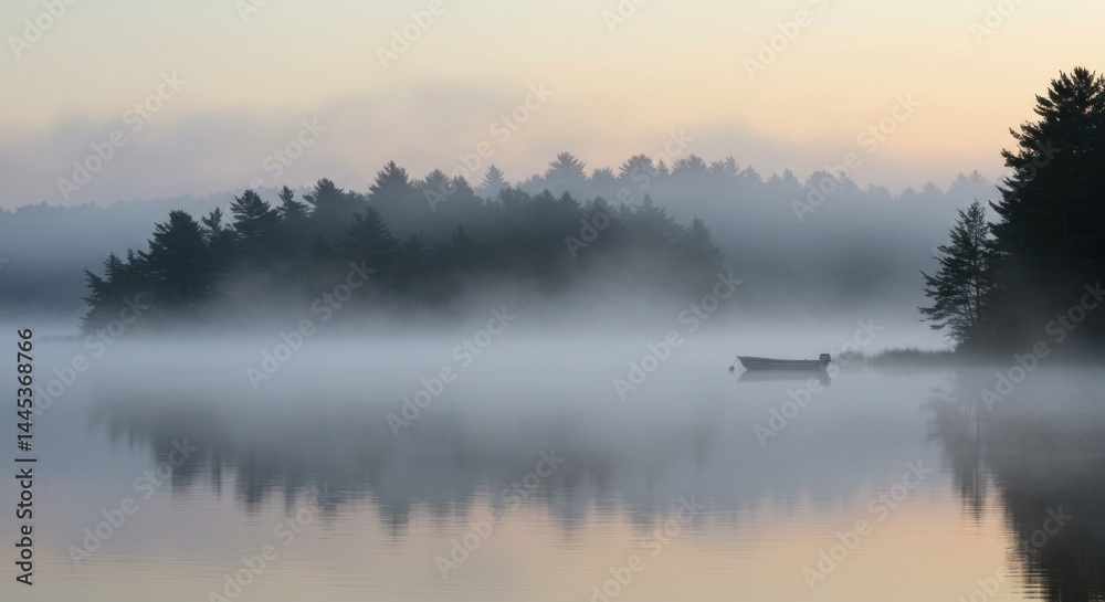 Fototapeta premium Misty Lake with Boat - Photo