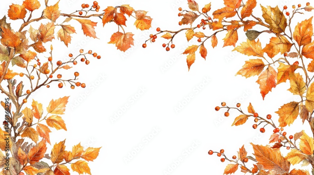 Beautiful autumn foliage border with vibrant orange and yellow leaves and delicate branches framing a blank white space for text or design use Beautiful autumn foliage border with vibrant orange and yellow leaves and delicate branches framing a blank white space for text or design use