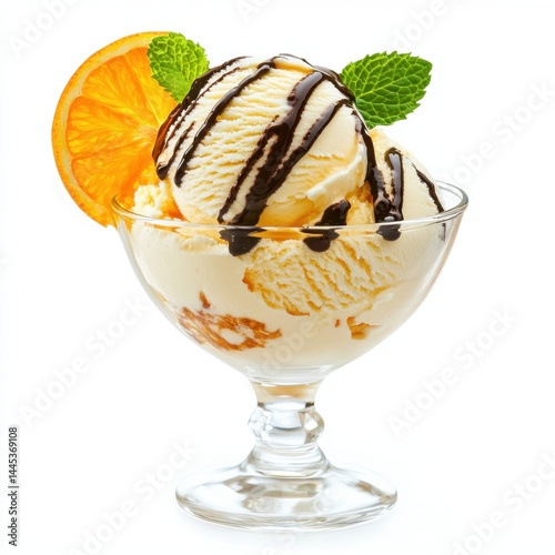 Vanilla ice cream scoops with chocolate syrup and mint leaves adorn a clear bowl. Generated AI