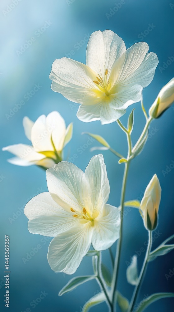 Fototapeta premium Delicate white floral blooms against a tranquil serene natural backdrop Soft dreamy petals in a peaceful calming environment exuding a mystical spiritual essence and rejuvenating energy