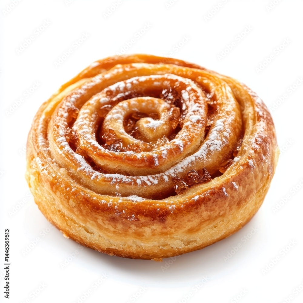 Fototapeta premium Delicious and golden cinnamon roll, dusted with powdered sugar, isolated on white. Generated AI