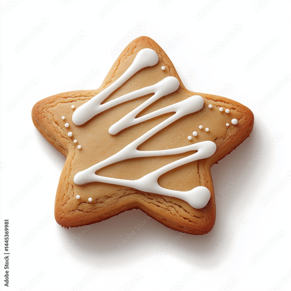 Gingerbread cookie in shape of star with white icing isolated on white background. Concept for holiday-themed visuals festive packaging or seasonal baking content evoking warmth and tradition