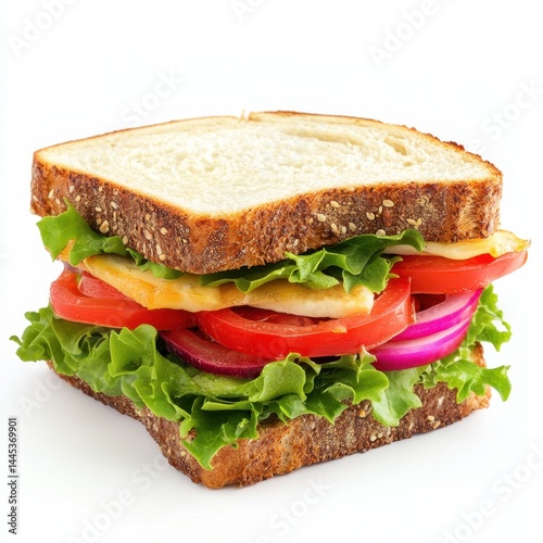 A vibrant sandwich with fresh lettuce, tomatoes, onions, and cheese, providing a healthy meal. Generated AI