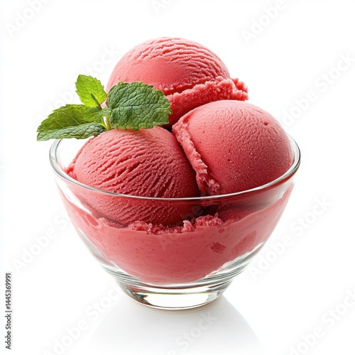Bright red strawberry sorbet scoops placed in a transparent bowl adorned with mint leaves Generated AI