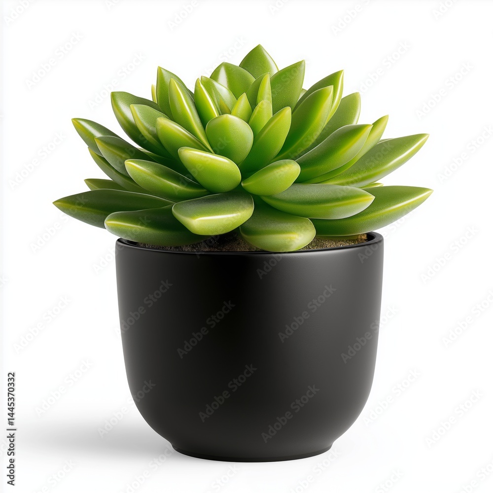 Succulent plant in black pot isolated on pure white background. Concept for minimalist interior design visuals, eco-friendly branding, or product shots, greenery, and modern aesthetics.