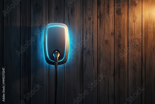 Electric vehicle charging station mounted on a dark wooden wall, glowing softly.