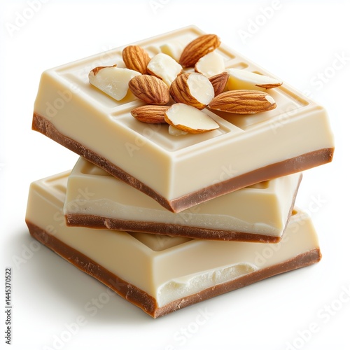Obraz na płótnie Pieces of white chocolate with almond slices isolated on white background. Concept for gourmet dessert branding, confectionery packaging, or sweet snack visuals highlighting rich flavor and texture. w salonie