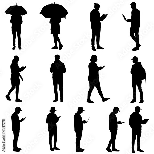 Silhouetted Figures Man with Phone Standing Man and Walking Legs