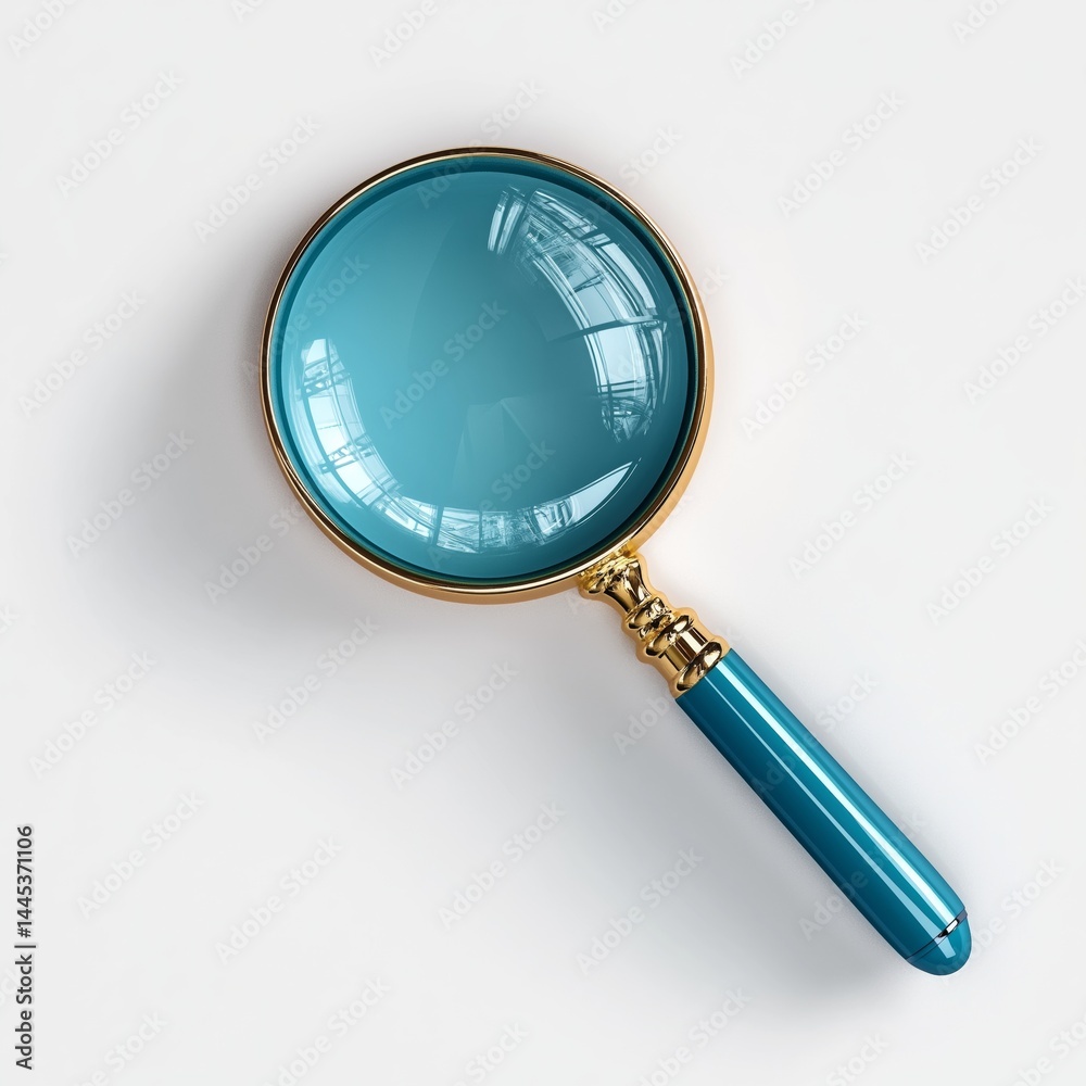 Blue 3D magnifying glass isolated on white background. Concept for search engine icons, data analysis visuals, or UI elements symbolizing exploration, focus, and discovery.