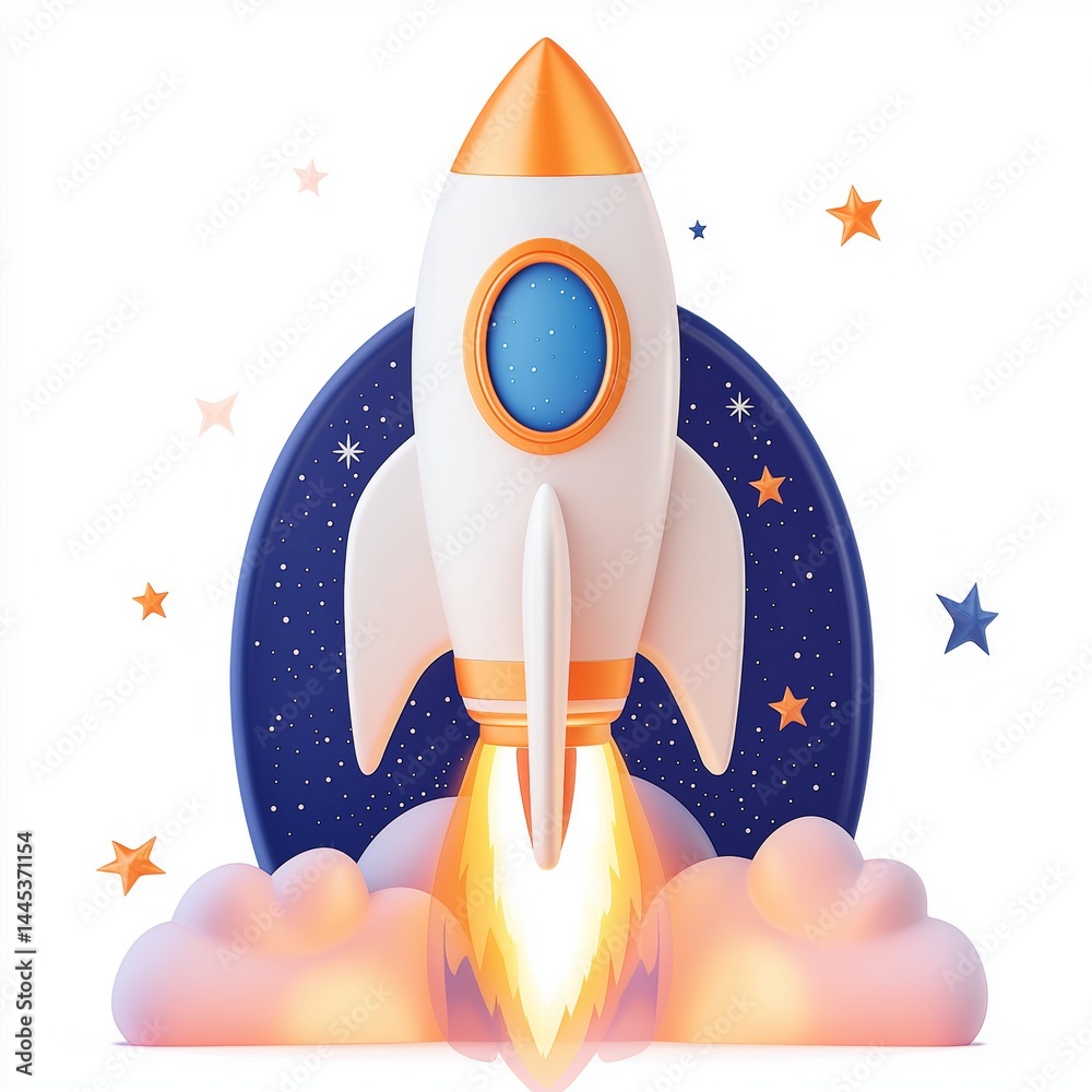 3D rocket icon in white and orange with flames isolated on white background. Concept for startup branding, tech app visuals, or innovation campaigns symbolizing growth, ambition, and forward motion.