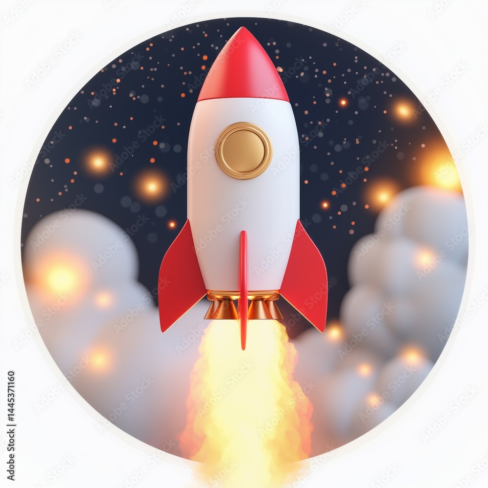 Round icon of red and white 3D rocket with flame at base against starry sky background. Concept for startup visuals, space-theme apps, or innovation branding, launch, ambition, and progress.