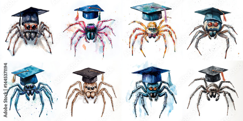 Obraz premium Eight Graduated Spiders in Watercolor - Eight watercolor spiders, each wearing a graduation cap, symbolize knowledge, achievement, perseverance, intelligence, and wisdom