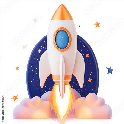 Obraz na płótnie 3D rocket icon in white and orange with flames isolated on white background. Concept for startup branding, tech app visuals, or innovation campaigns symbolizing growth, ambition, and forward motion.
w salonie