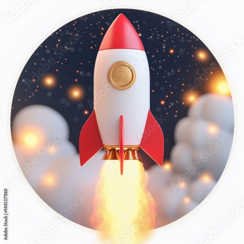 Obraz na płótnie Round icon of red and white 3D rocket with flame at base against starry sky background. Concept for startup visuals, space-theme apps, or innovation branding, launch, ambition, and progress.
w salonie