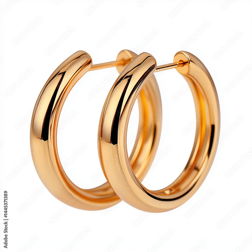Pair of gold hoop earrings isolated on white background. Concept for jewelry catalogs, minimalist accessory branding, or e-commerce visuals highlighting elegance and timeless style.