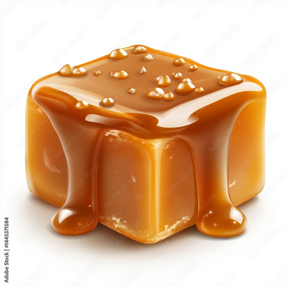 Caramel cube isolated on white background. Concept for candy packaging, dessert branding, or promotional visuals emphasizing sweetness, rich texture, and indulgent flavor.