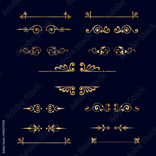 Elegant Gold Decorative Dividers Set on Dark Background – Vintage Style Ornaments and Flourishes Collection