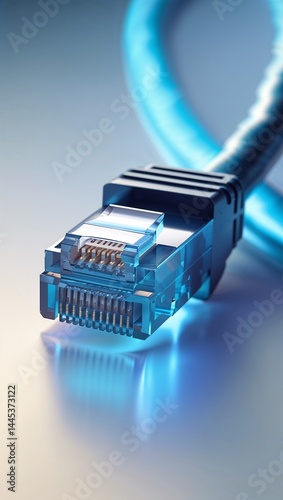 An extreme close-up of a sleek, illuminated ethernet cable, showcasing the detail of the connector and the vibrant blue glow