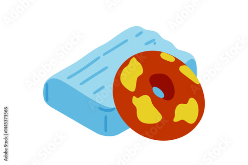 Inflatable Mattress and Swim Ring. Colorful flat illustration of a blue inflatable mattress and red-yellow swim ring, isolated on white background. Cartoon summer beach equipment in minimal style.