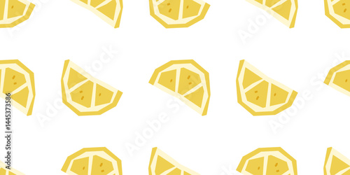 Seamless Lemon Wedge Pattern Design. Seamless pattern of stylized yellow lemon wedges in flat cartoon style. Bright citrus elements are arranged on a white background.