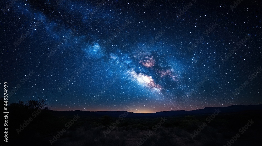 A peaceful night scene in the wilderness, with a clear sky full of stars and the Milky Way stretching across A peaceful night scene in the wilderness, with a clear sky full of stars and the Milky Way stretching across