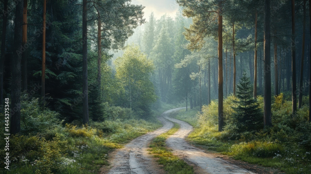 Fototapeta premium Sunlit forest pathway with lush greenery and tall pine trees in a serene woodland