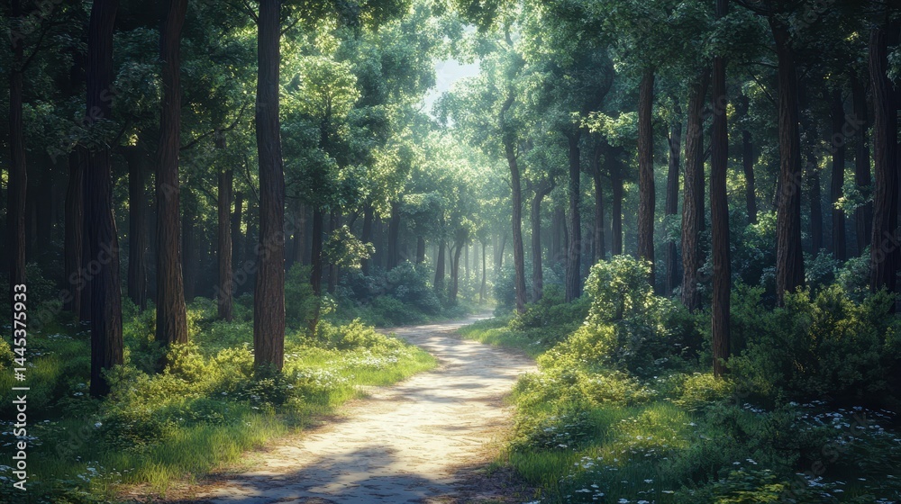 Fototapeta premium Serene sunlit forest path through lush greenery and tall trees