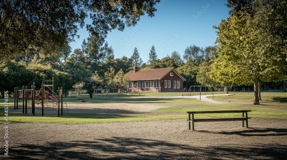 Obraz premium peaceful village school building with a small playground, surrounded by trees and open fields