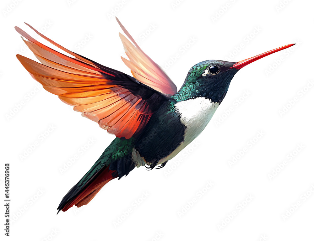 Fototapeta premium Hummingbird illustration PNG, flying Bahama woodstar male with iridescent purple throat, green orange plumage, transparent background, isolated hummingbird art