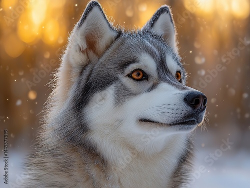 Husky with neon-orange eyes, snowflakes clinging to thick fur against golden bokeh