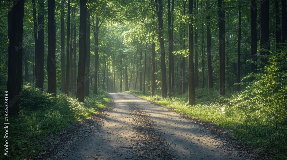 Fototapeta premium Serene forest pathway at sunrise with sun rays through lush greenery