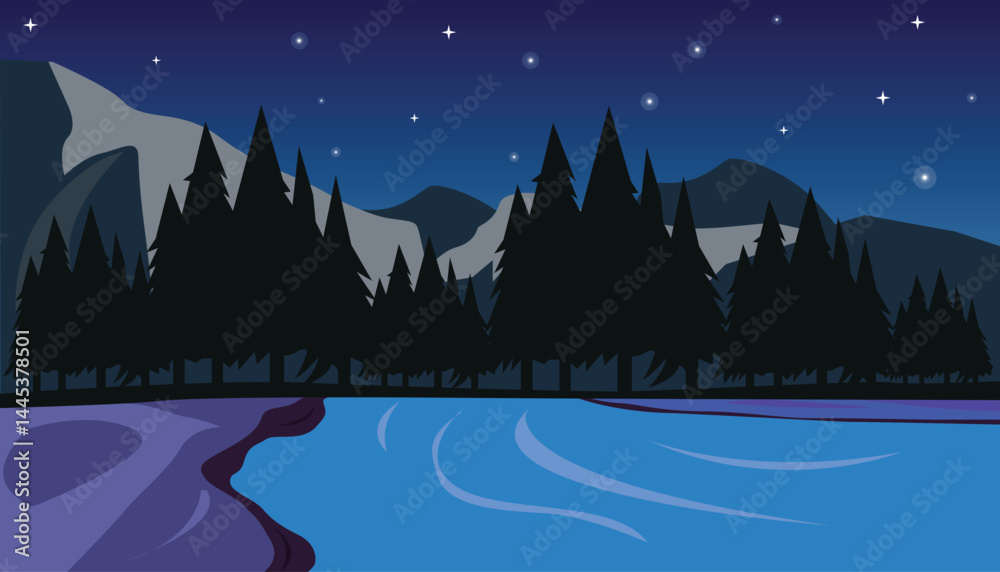 Fototapeta premium Serene night landscape illustration featuring a calm river, pine forest, and distant mountains under a starry sky. Perfect for nature-themed designs, backgrounds, vector illustrator