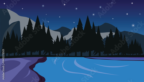 Serene night landscape illustration featuring a calm river, pine forest, and distant mountains under a starry sky. Perfect for nature-themed designs, backgrounds, vector illustrator