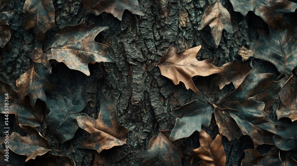 Autumn leaves on tree bark texture in forest setting Autumn leaves on tree bark texture in forest setting