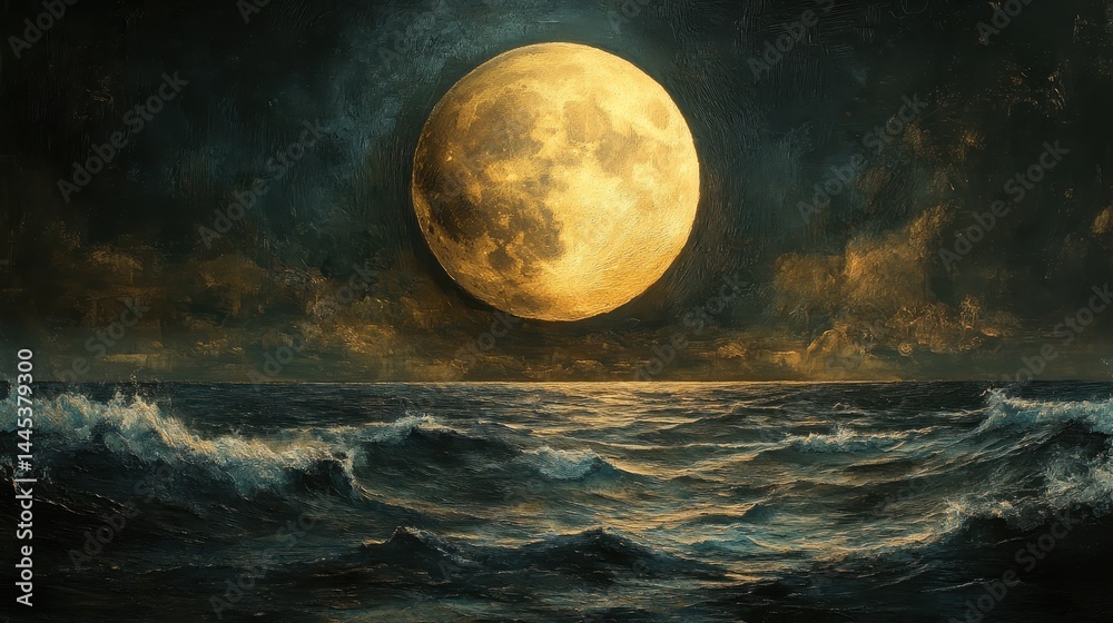 Fototapeta premium Dramatic full moon over ocean waves at night