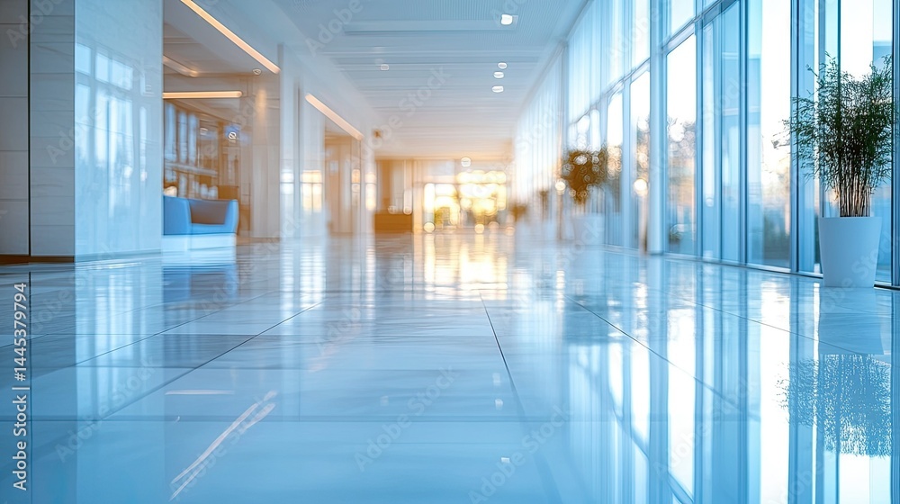 Fototapeta premium Blurred view of a hotel or office lobby with modern luxury white room space and glass wall windows.