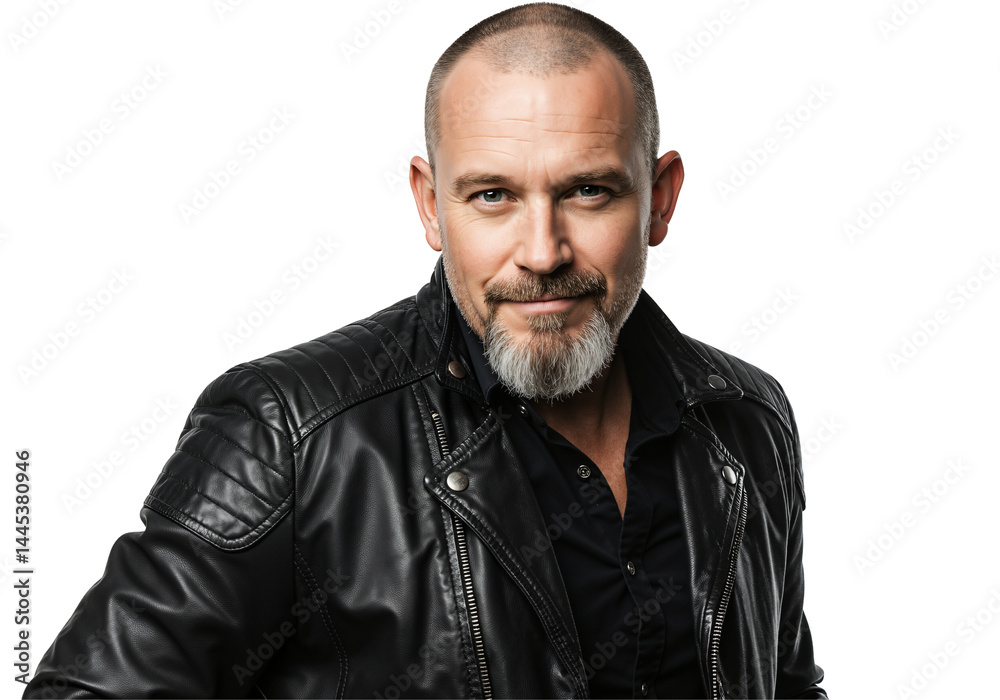 A confident middle-aged man with a salt-and-pepper beard and short hair poses in a stylish black leather jacket and shirt against a dark studio background. A confident middle-aged man with a salt-and-pepper beard and short hair poses in a stylish black leather jacket and shirt against a dark studio background.