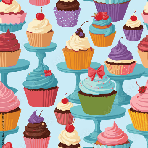 Colorful vector set of delicious cakes, cupcakes, and sweet desserts with chocolate, cream, cherry, and strawberry – perfect for birthday parties, bakery items, festive treats, food styling, and  