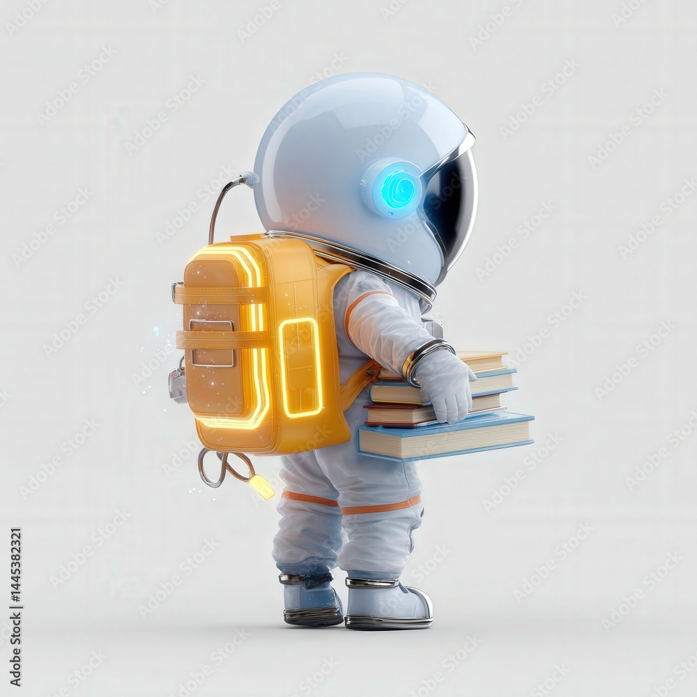 Naklejka premium Astronaut with books exploring knowledge in a futuristic environment