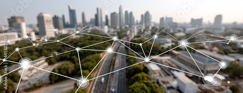 Aerial view reveals a vibrant smart city, showcasing digital networks connecting buildings against a bright blue sky