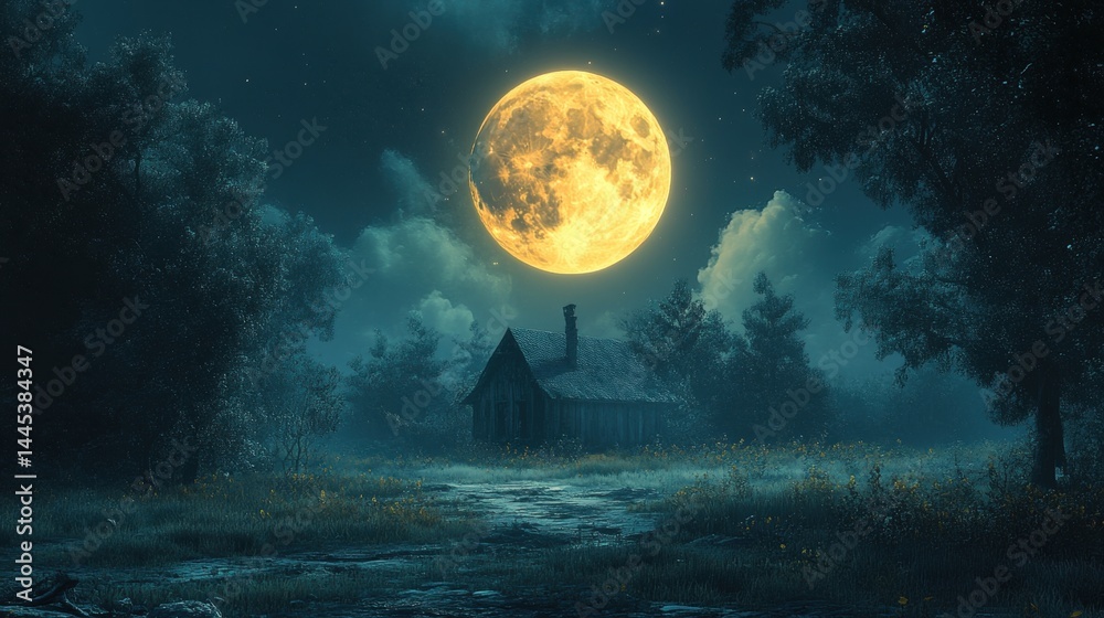 Naklejka premium Enchanted moonlit forest with cottage under glowing full moon
