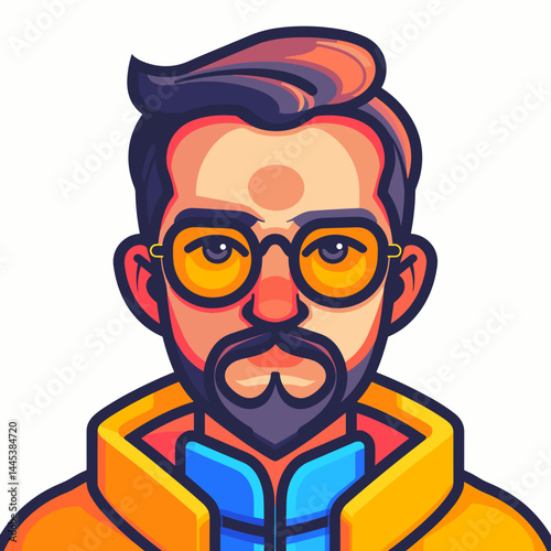 Vector illustration of a bearded man in a hoodie and glasses.