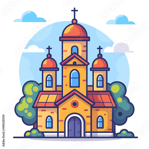 Church building. Vector illustration in a flat style. Church in the park.