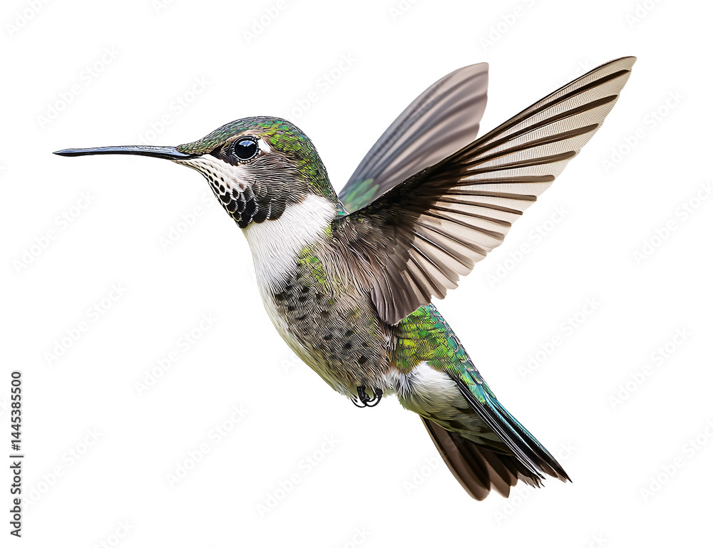 Fototapeta premium Hummingbird illustration PNG, flying Bahama woodstar male with iridescent purple throat, green orange plumage, transparent background, isolated hummingbird art