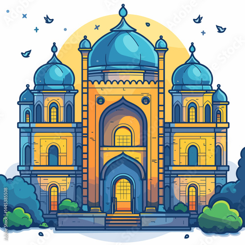Cute cartoon style vector illustration of Taj Mahal in Agra, Uttar Pradesh, India