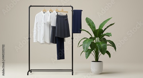 Studio shot of school uniform garments on a black clothing rack with a large potted plant against a neutral background, showcasing clean lines and modern design
